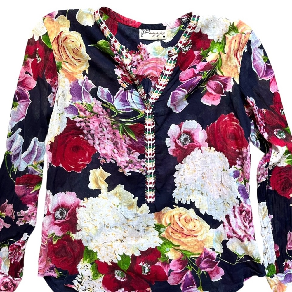 Magazine Navy Multicolored Floral Long Sleeve Semi Sheer Trim Top Blouse Size M - Picture 4 of 5